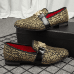 black and gold moccasin loafers