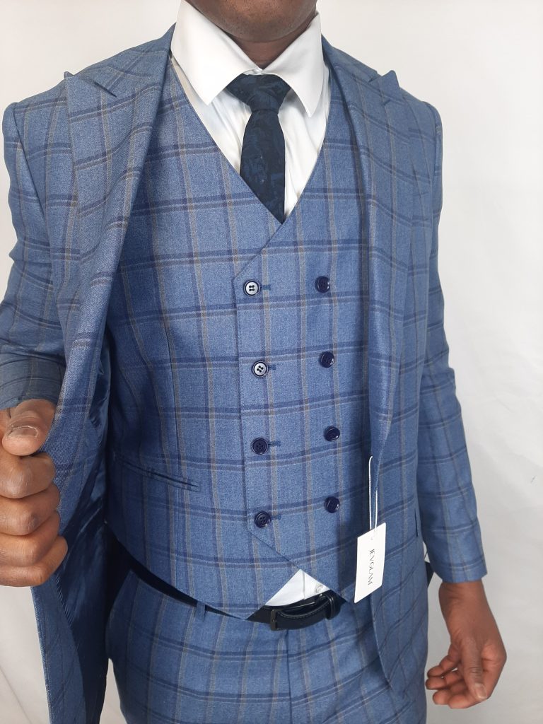 Men’s blue plaid suit three-piece with vest and tie – JEVGLAM Canada