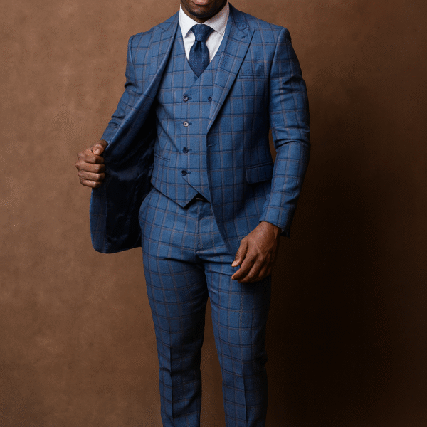 3 Piece Sky Blue Plaid Suit