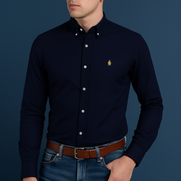 JEVGLAM Navy Blue Button-Down Oxford Shirt for Men – Classic Polo Embroidered Long Sleeve