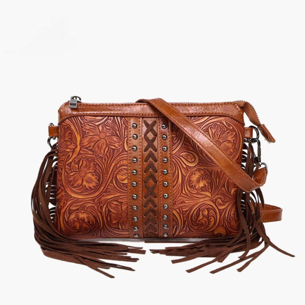 Frontier Bloom Tooled Fringe Crossbody Bag