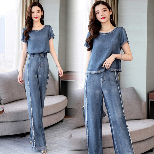 Fashion Slim Denim Wide Leg Pants Two-piece Women